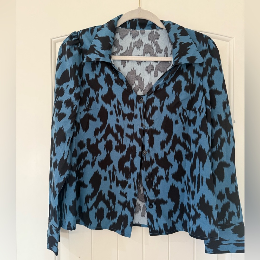 SHEIN Blue and Black Animal Print Button Down Shirt
